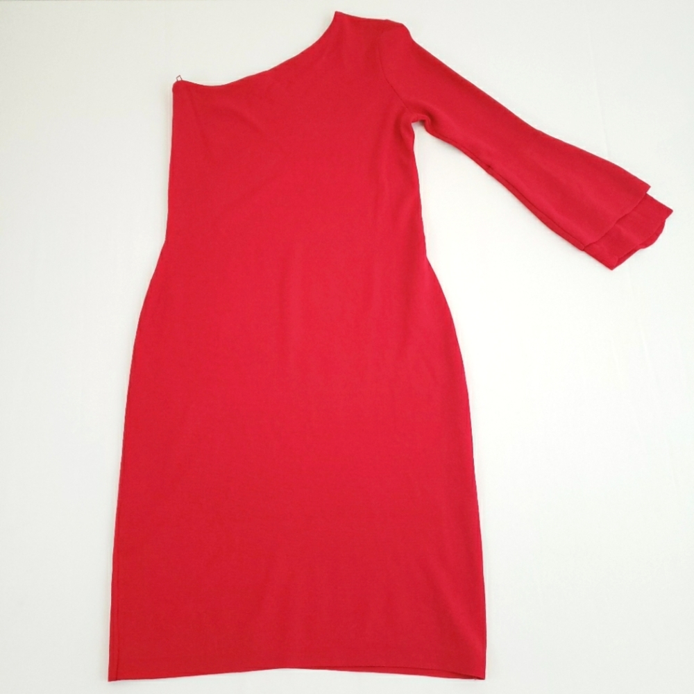 RACHEL Rachel Roy Women's Red One Shoulder Bell Sleeve Knee Length Knit Dress
